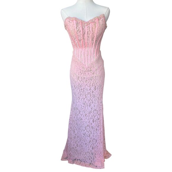 Boutique Y2K Lace Pink Prom Dress Sz 0 Fairy Mermaid Corset Top Strapless Hoco - Picture 1 of 12